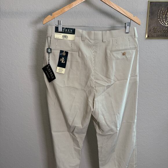 Men's Lauren Ralph Lauren Tan White Striped Seersucker‎ Dress Pants 33 x 32 NEW - Picture 7 of 11